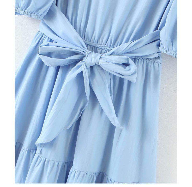 Fashion Blue V-neck Poplin Patchwork Cross Dress,Long Dress