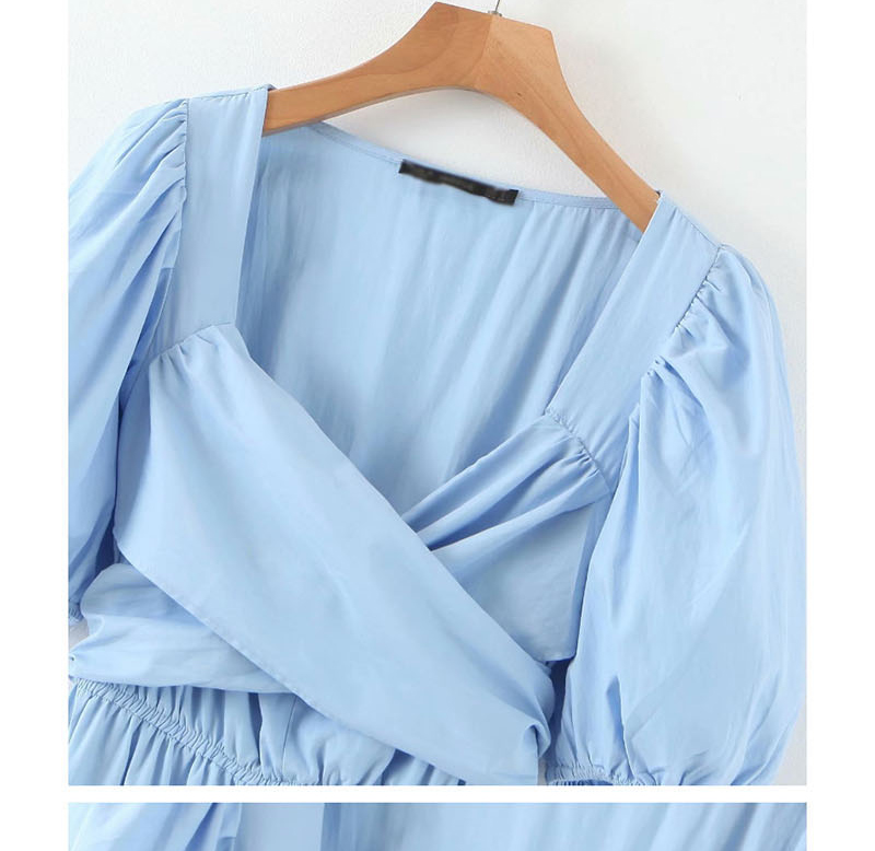 Fashion Blue V-neck Poplin Patchwork Cross Dress,Long Dress