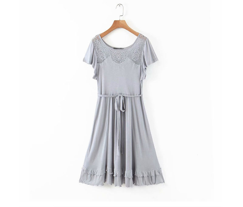 Fashion Gray Knitted Lace-up Ruffled Dress,Long Dress
