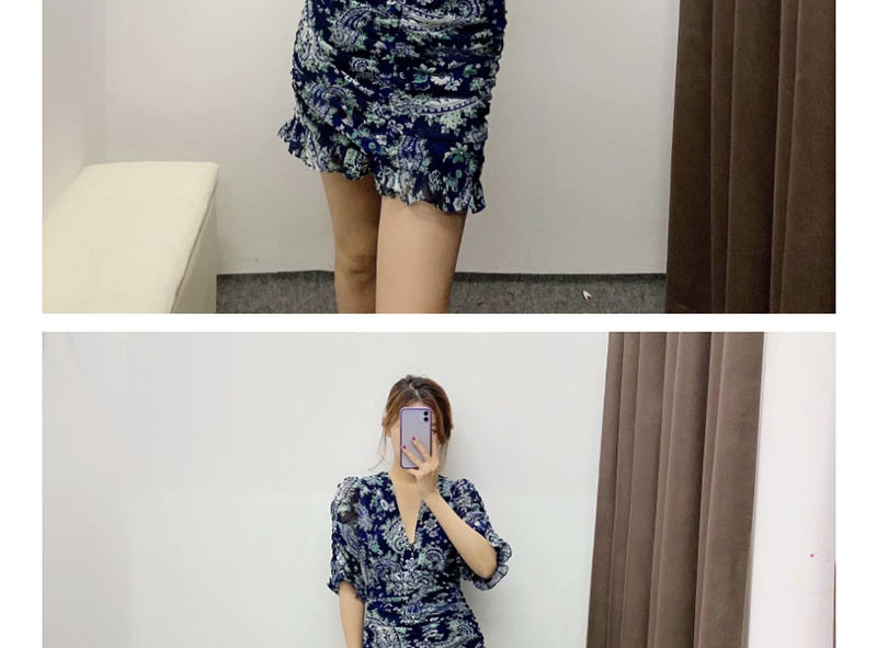 Fashion Navy Ruched Flower-print V-neck Dress,Mini & Short Dresses