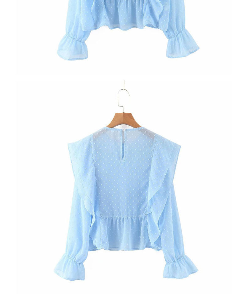 Fashion Blue Polka-dot Patch Ruffle Shirt,Blouses