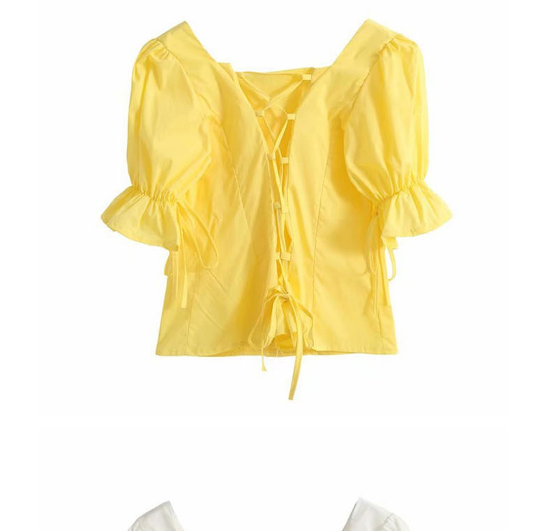 Fashion Yellow Square Collar Back Lace Up Puff Sleeve Shirt,Blouses