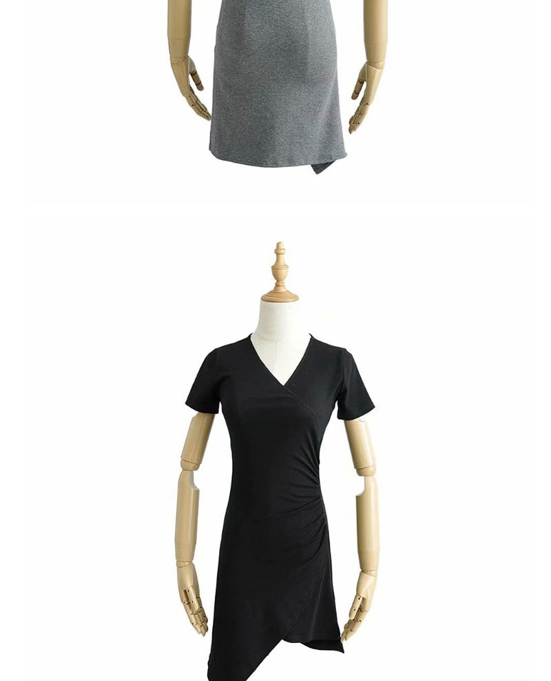 Fashion Black V-neck Irregular Hem Pleated Dress,Mini & Short Dresses