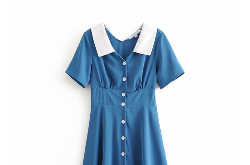 Fashion Blue Pleated Contrast Collar Pleated Dress,Mini & Short Dresses
