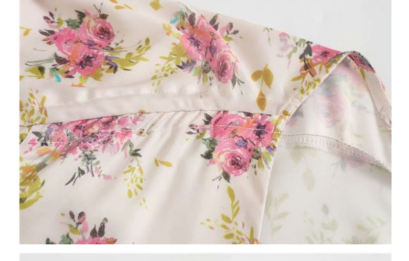 Fashion Cream Color Flower-print Drawstring Pleated Sleeve Dress,Long Dress