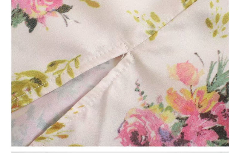 Fashion Cream Color Flower-print Drawstring Pleated Sleeve Dress,Long Dress