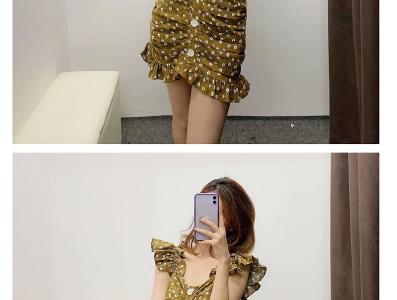 Fashion Turmeric Flower-print Pleated Single-breasted Dress,Mini & Short Dresses