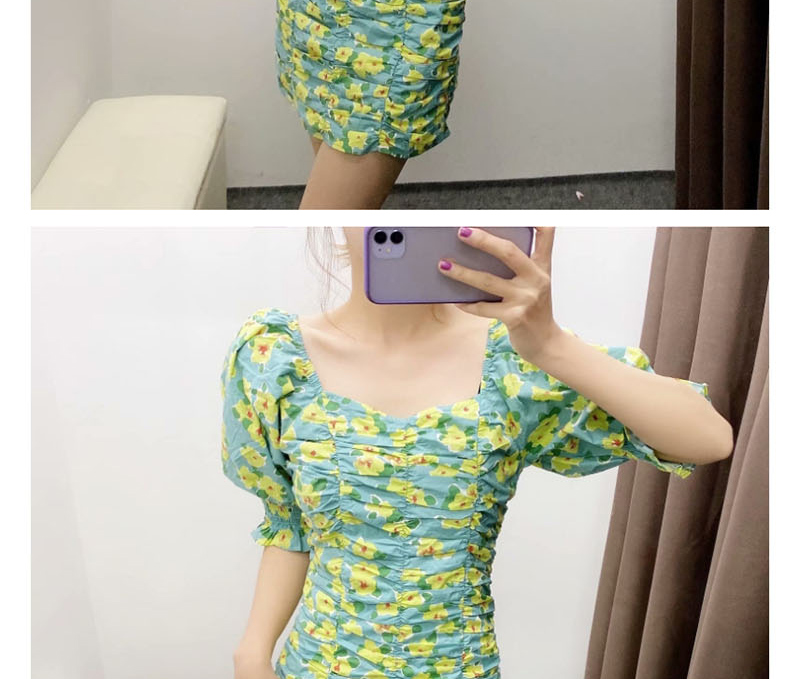 Fashion Green Floral Pattern Square Neck Pleated Dress,Long Dress