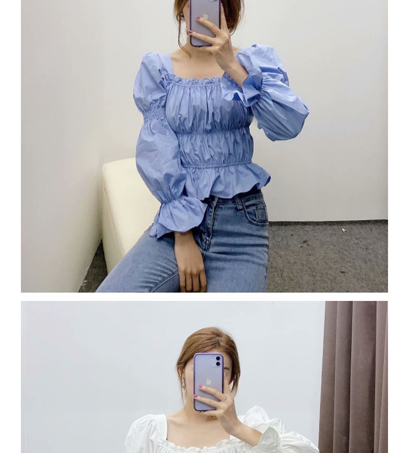 Fashion Blue Crinkled Square Collar Lamb Sleeve Pullover Shirt,Tank Tops & Camis