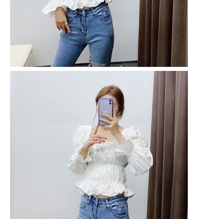 Fashion White Crinkled Square Collar Lamb Sleeve Pullover Shirt,Tank Tops & Camis