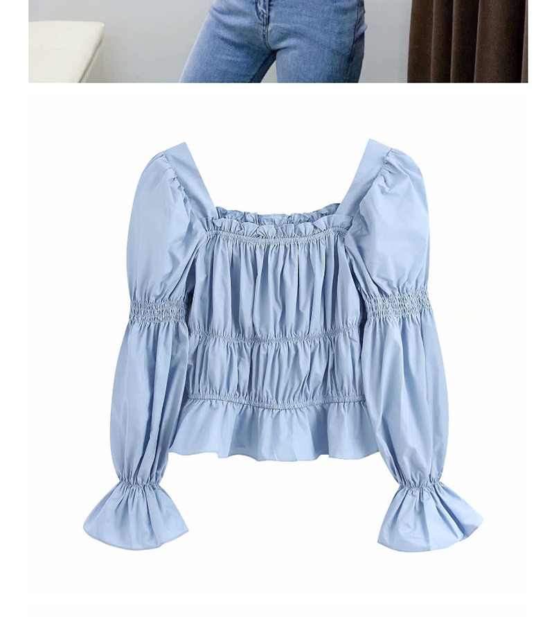 Fashion Blue Crinkled Square Collar Lamb Sleeve Pullover Shirt,Tank Tops & Camis