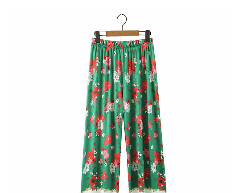 Fashion Green Flower Print Straight Trousers,Pants