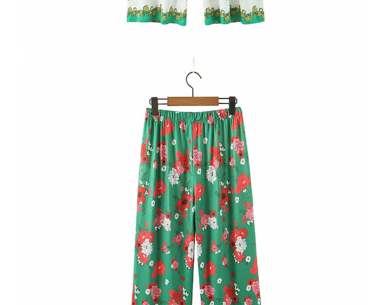Fashion Green Flower Print Straight Trousers,Pants
