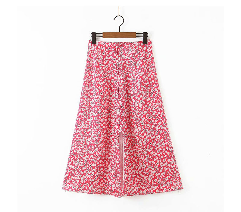 Fashion Red Flower-print Single-breasted Split Skirt,Skirts