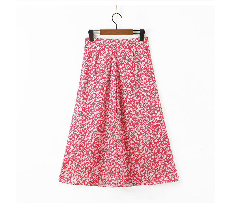 Fashion Red Flower-print Single-breasted Split Skirt,Skirts