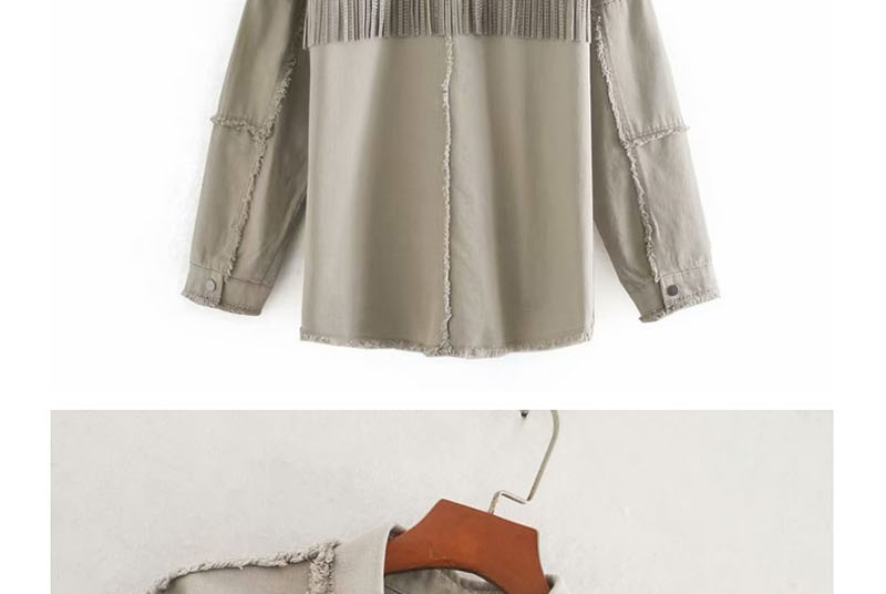 Fashion Khaki Washed Fringed Denim Jacket,Coat-Jacket