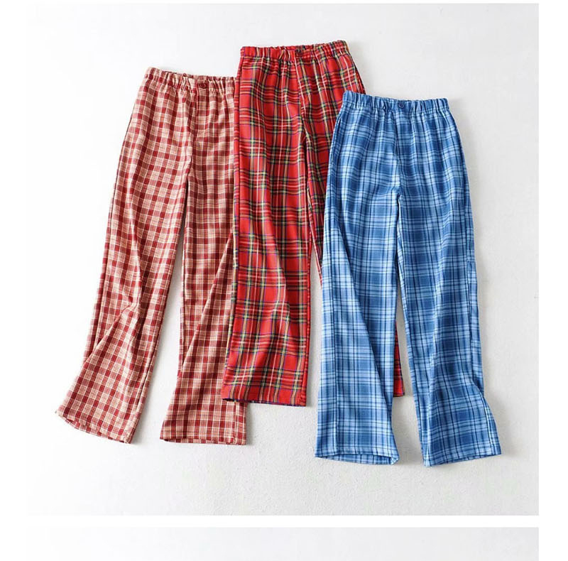 Fashion Dark Red Grid Elastic Waist Check Print Straight Legs,Pants