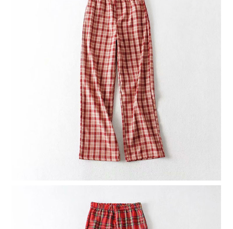 Fashion Dark Red Grid Elastic Waist Check Print Straight Legs,Pants