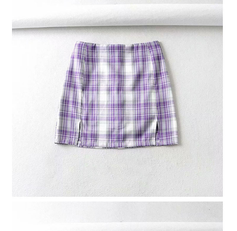 Fashion Purple Plaid Plaid Printed Split Skirt,Skirts