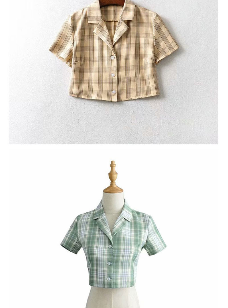 Fashion Fuchsia Plaid Plaid Printed Short Sleeve Lapel Shirt,Tank Tops & Camis