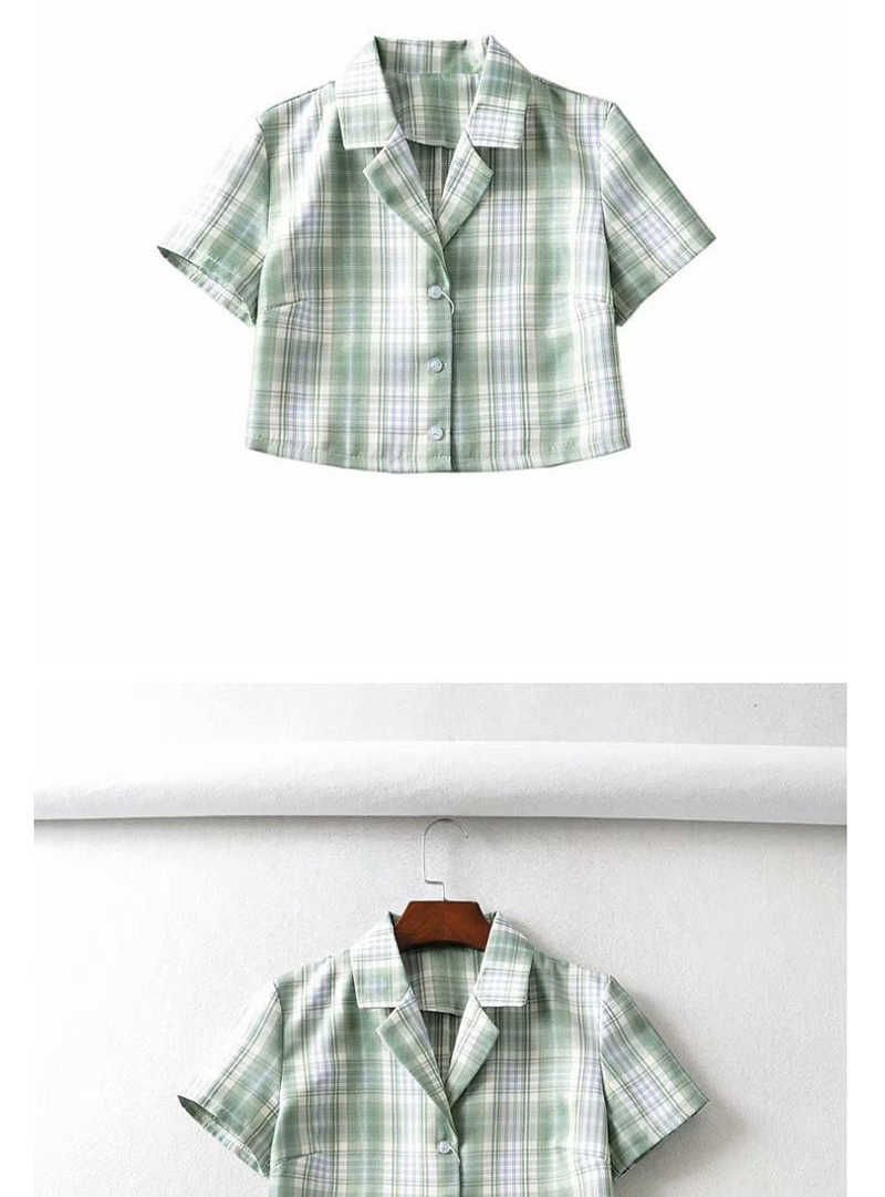 Fashion Khaki Lattice Plaid Printed Short Sleeve Lapel Shirt,Tank Tops & Camis