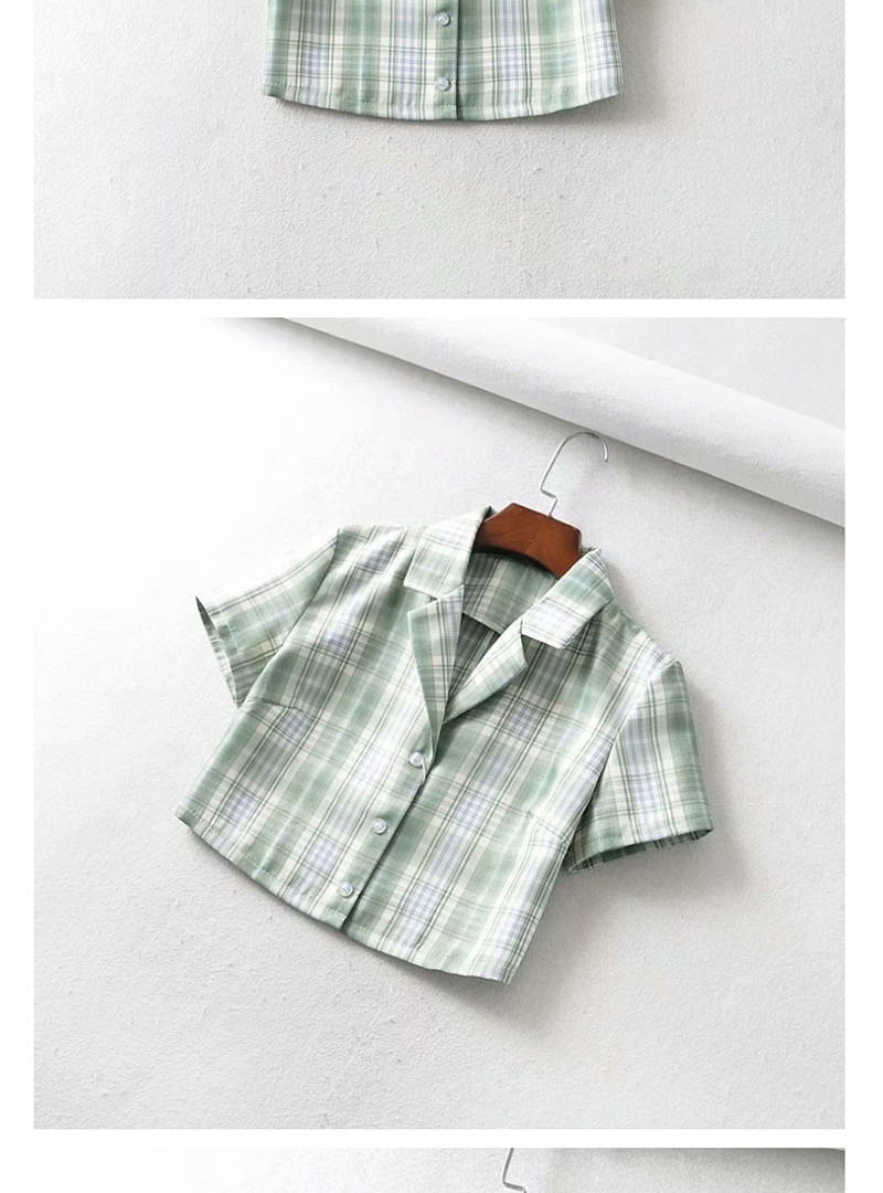 Fashion Light Green Lattice Plaid Printed Short Sleeve Lapel Shirt,Tank Tops & Camis