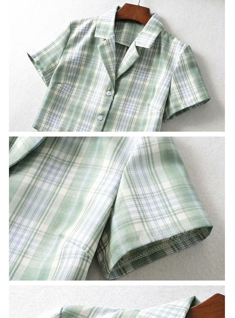 Fashion Light Green Lattice Plaid Printed Short Sleeve Lapel Shirt,Tank Tops & Camis