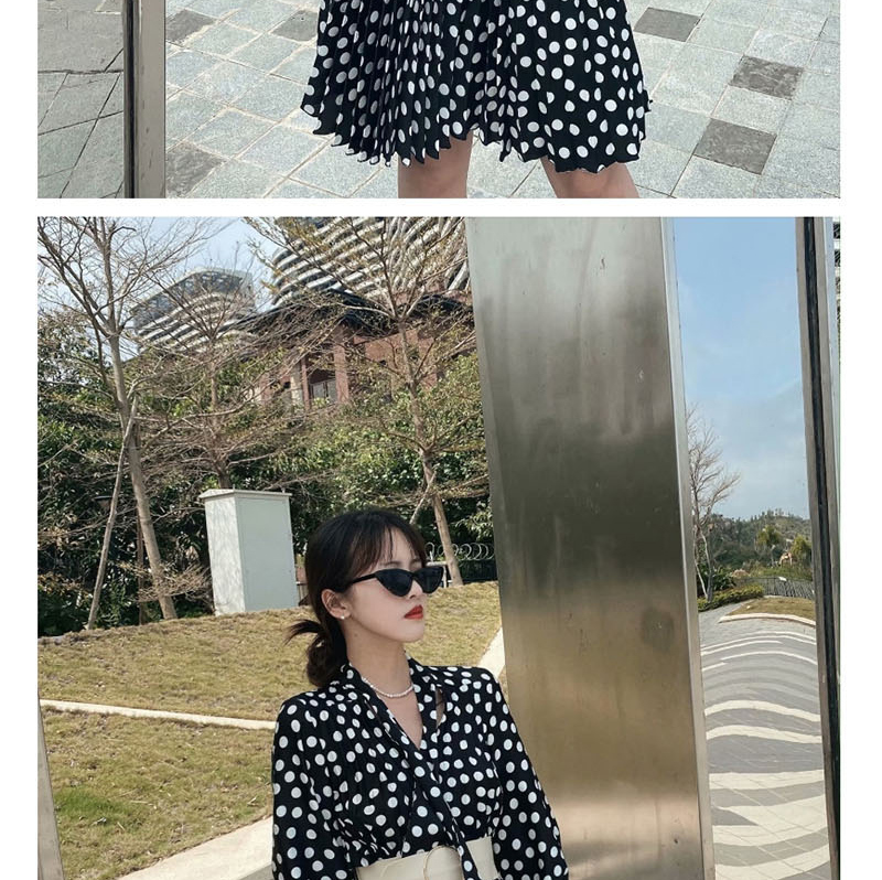 Fashion Black Pleated Polka Dot Print Dress With Belt,Mini & Short Dresses
