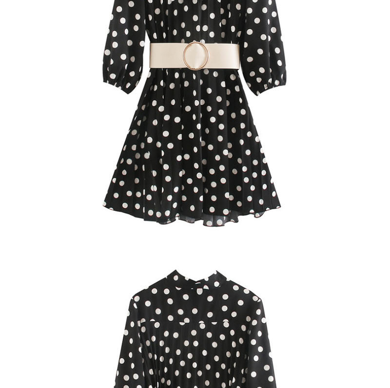 Fashion Black Pleated Polka Dot Print Dress With Belt,Mini & Short Dresses