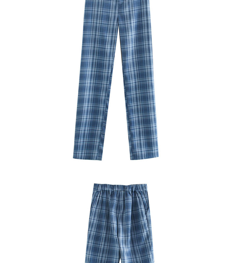 Fashion Blue High-waist Checked Printed Elasticated Pants,Pants