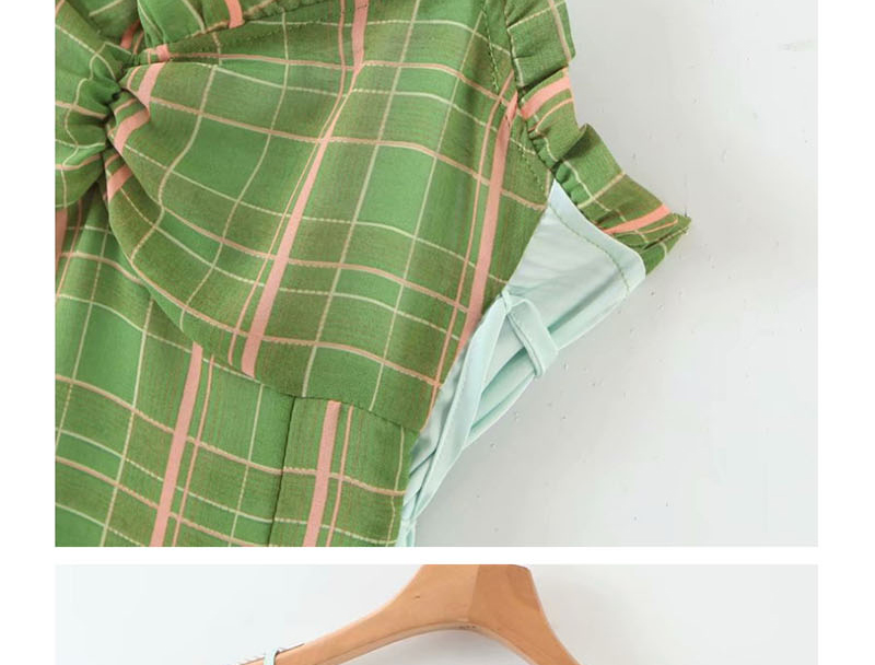 Fashion Green Plaid Tie Satin Panel Strap Fungus Dress,Mini & Short Dresses