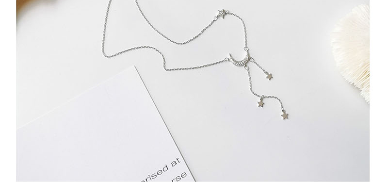 Fashion Silver Zircon Moon Tassel Necklace,Multi Strand Necklaces