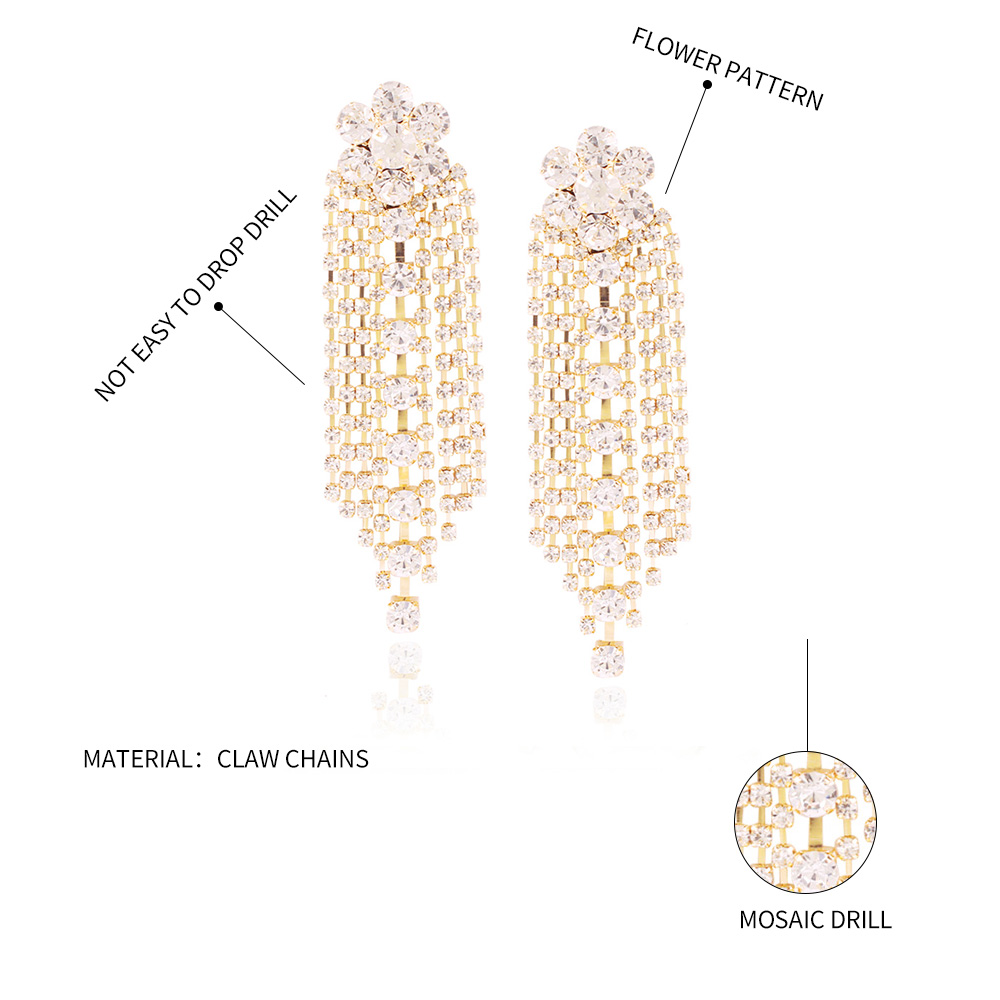 Fashion White K Alloy Flower Tassel Earrings With Diamonds,Drop Earrings