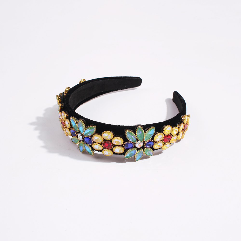 Fashion Color Corduroy Wide Headband With Diamond Flowers,Head Band