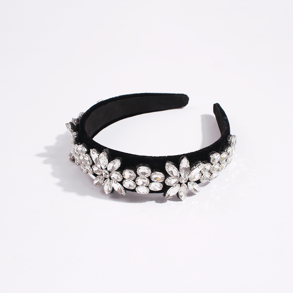 Fashion White Corduroy Wide Headband With Diamond Flowers,Head Band