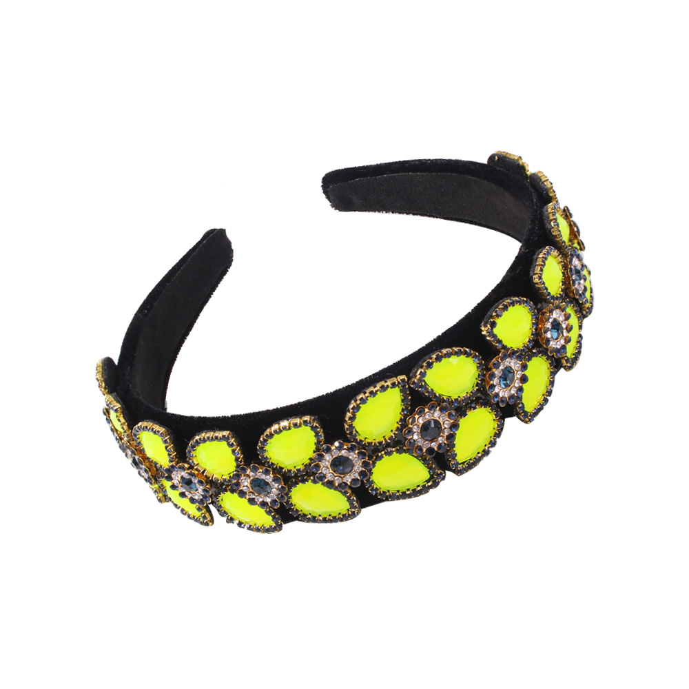 Fashion Fluorescent Green Corduroy Wide Headband With Diamond Flowers,Head Band