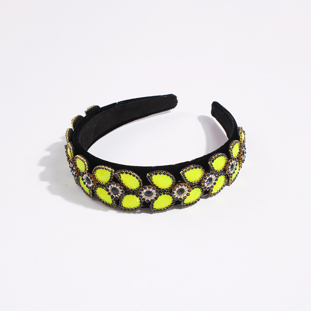 Fashion Fluorescent Yellow Corduroy Wide Headband With Diamond Flowers,Head Band