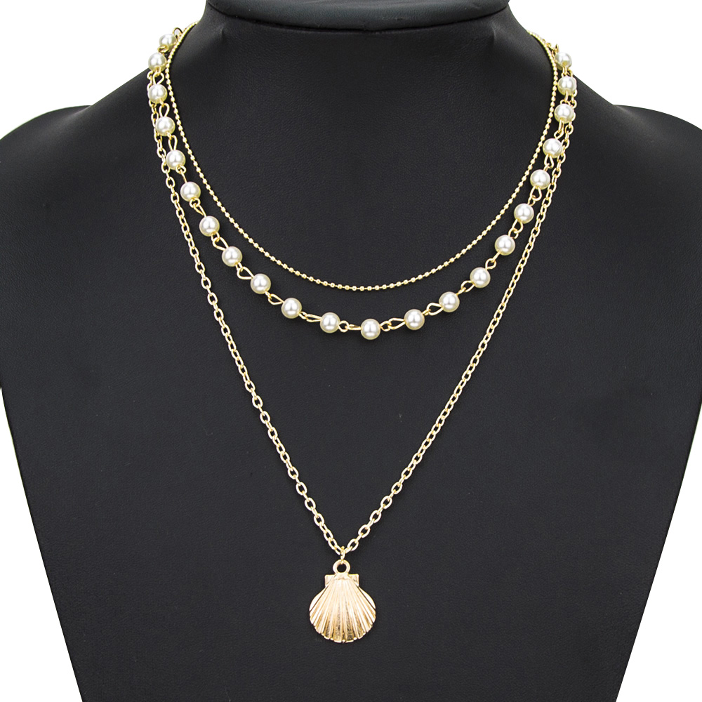 Fashion Golden Alloy Shell Beaded Multi-layer Necklace,Multi Strand Necklaces