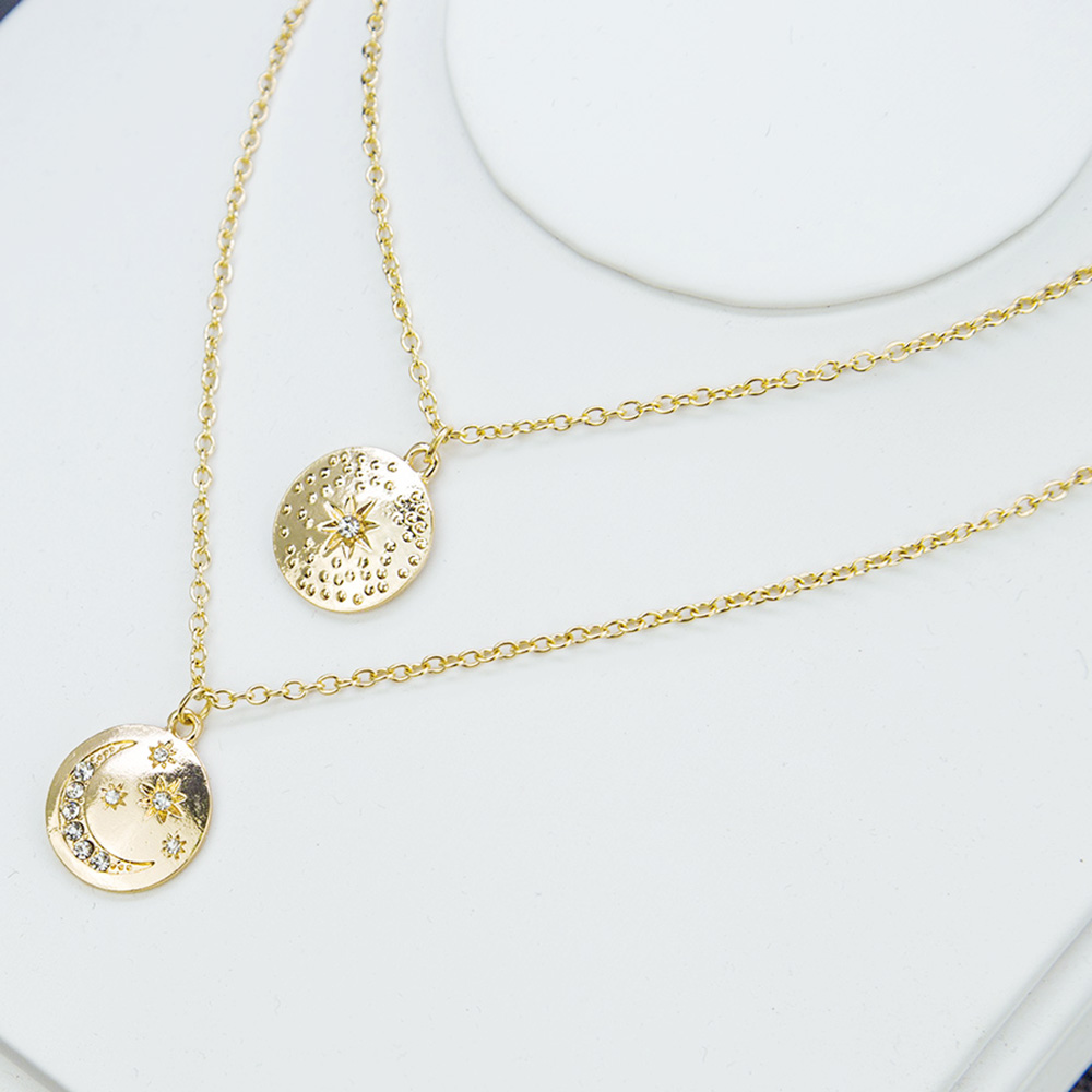 Fashion Golden Alloy Disc Embossed Star-shaped Crescent Moon-set Diamond Multi-layer Necklace,Multi Strand Necklaces