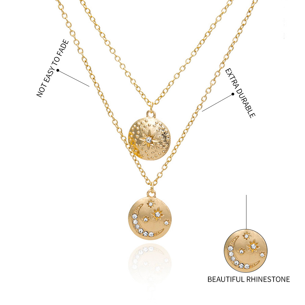 Fashion Golden Alloy Disc Embossed Star-shaped Crescent Moon-set Diamond Multi-layer Necklace,Multi Strand Necklaces