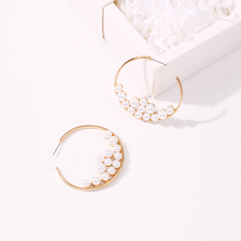 Fashion Golden Alloy Inlaid Pearl C-shaped Earrings,Hoop Earrings