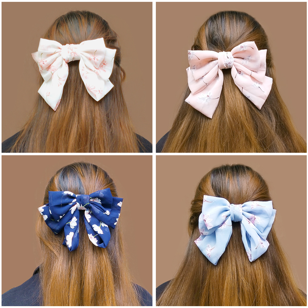 Fashion Navy Blue Fabric Flower Print Bow Hair Clip,Hairpins