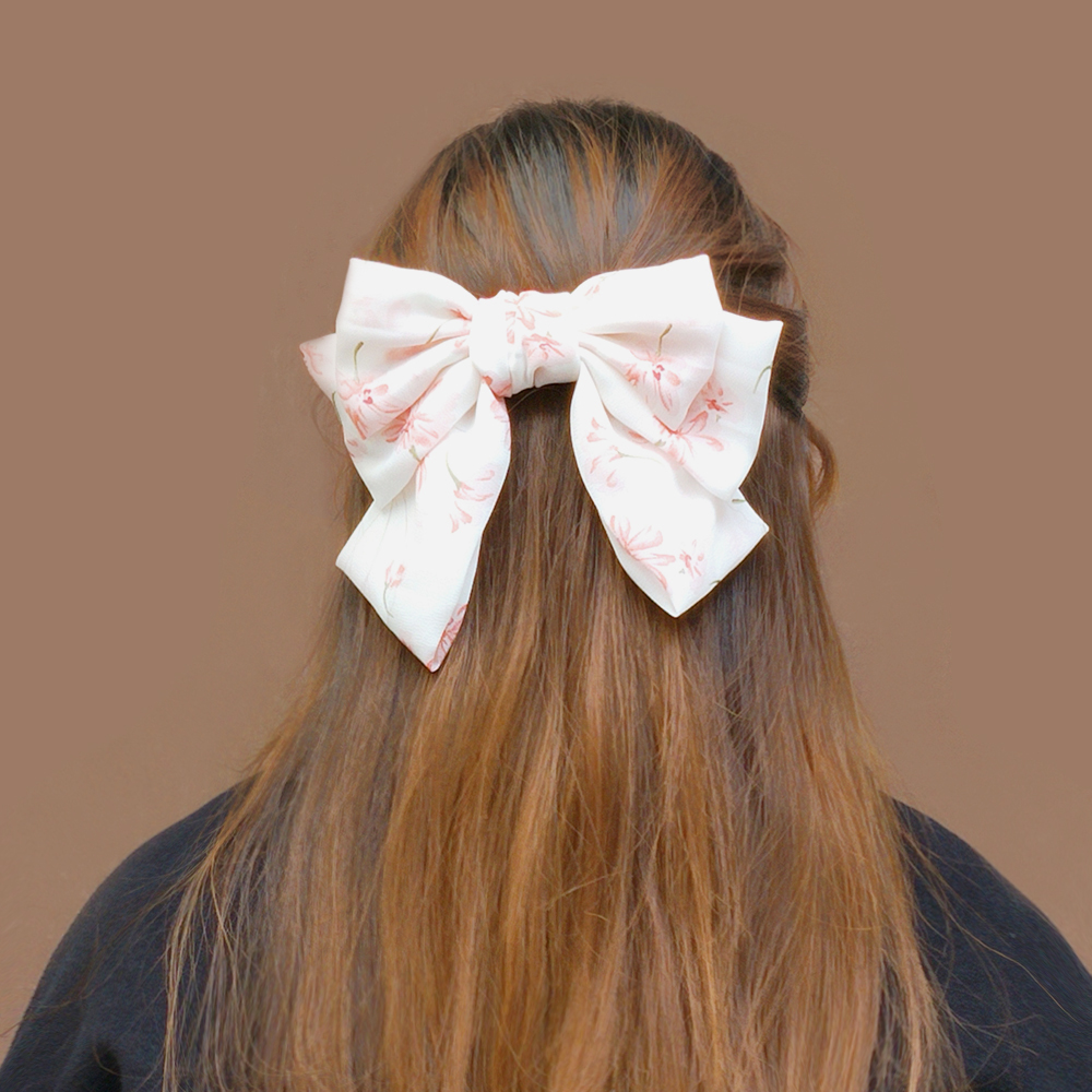 Fashion White Fabric Flower Print Bow Hair Clip,Hairpins