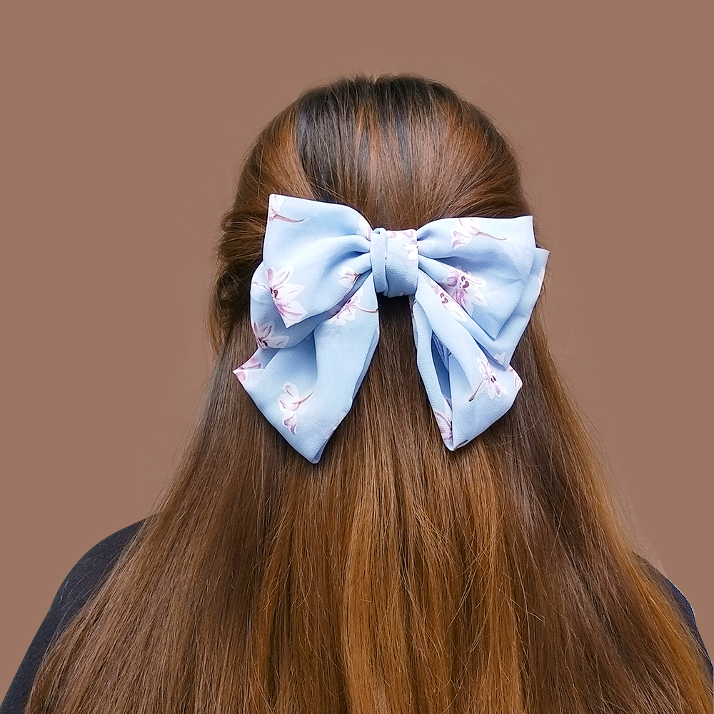Fashion Light Blue Fabric Flower Print Bow Hair Clip,Hairpins