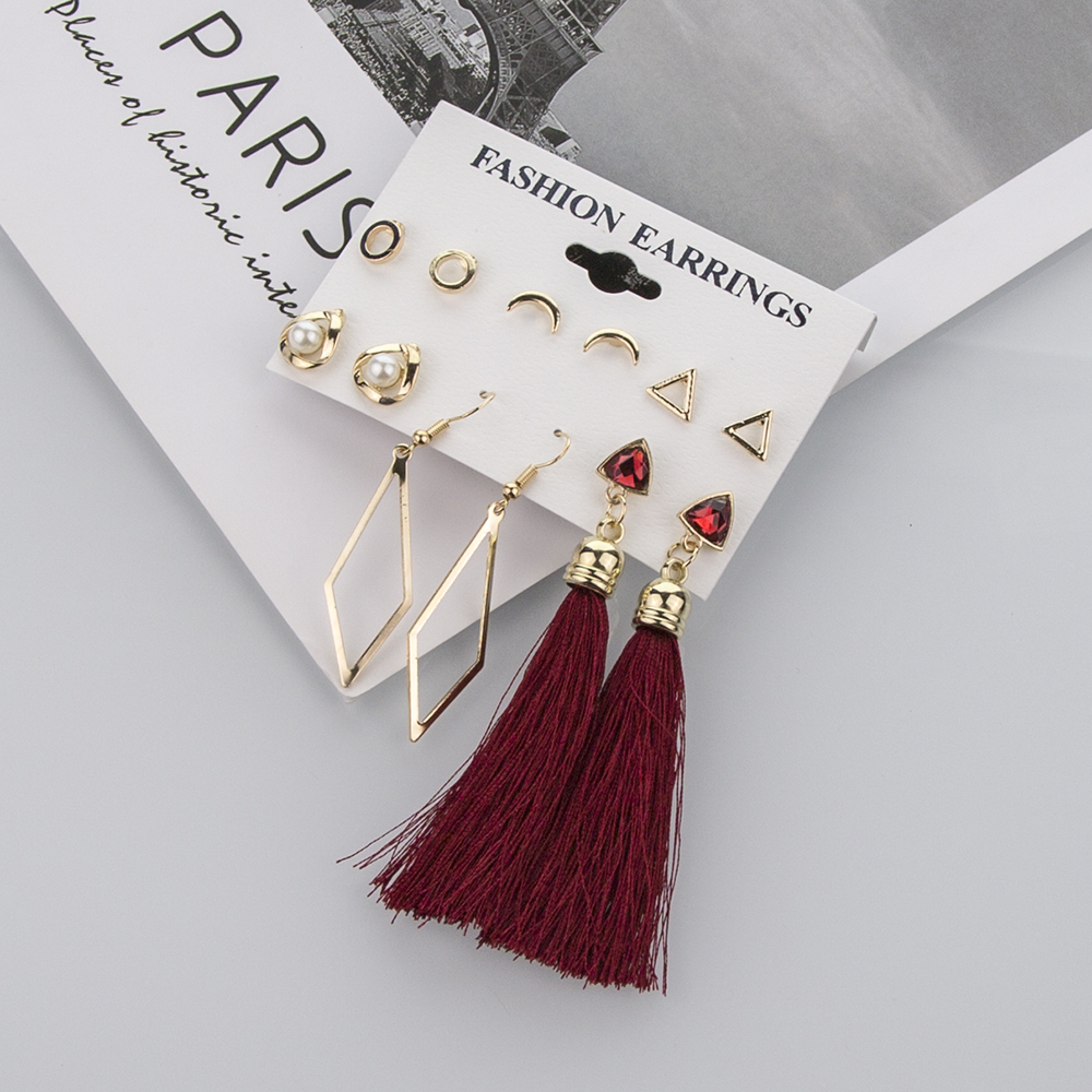 Fashion Golden Geometric Tassel Earring Set With Alloy Diamonds,Earrings set