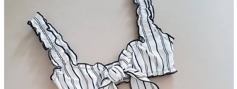 Fashion White Black And White Striped Printed Fungus Knot Split Chest Swimsuit,Bikini Sets