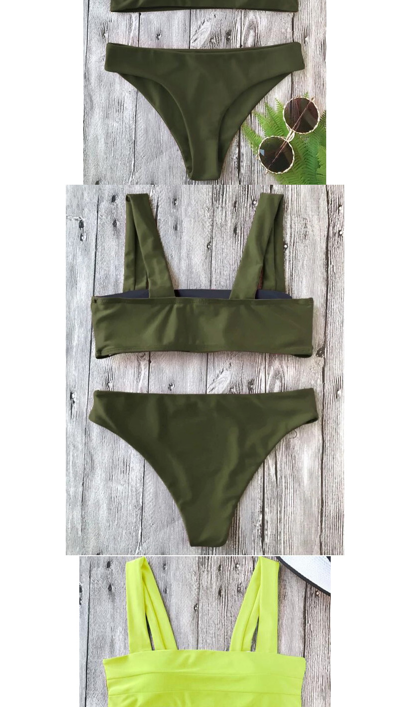 Fashion Grass Green Tank Top Pleated Solid Split Swimsuit,Bikini Sets