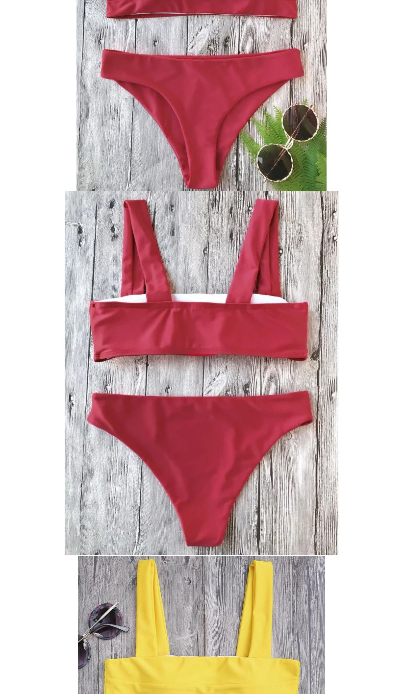 Fashion Red Wine Tank Top Pleated Solid Split Swimsuit,Bikini Sets