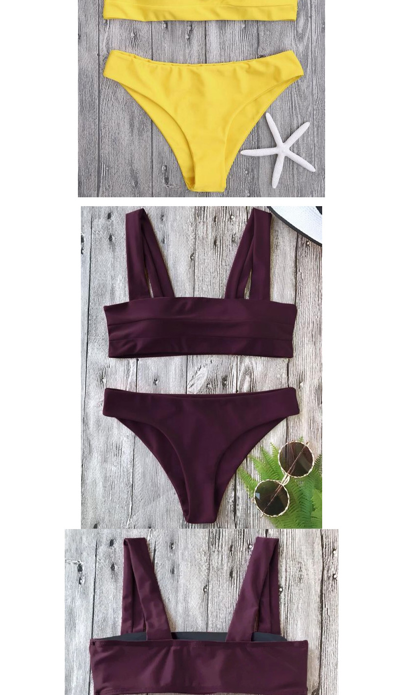 Fashion Fluorescent Yellow Tank Top Pleated Solid Split Swimsuit,Bikini Sets
