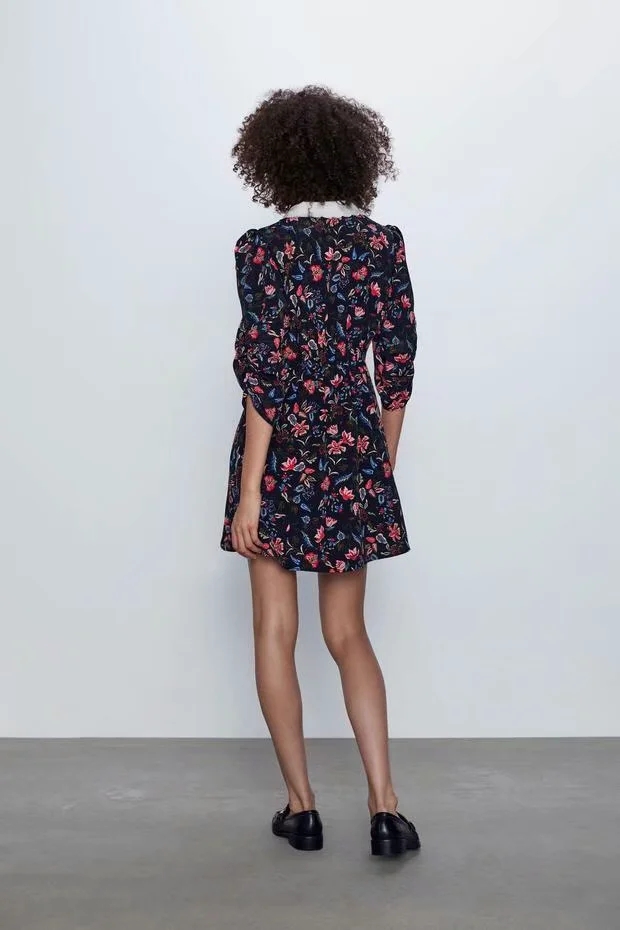Fashion Black Print Floral Print Dress With Embroidered Neckline,Handbags